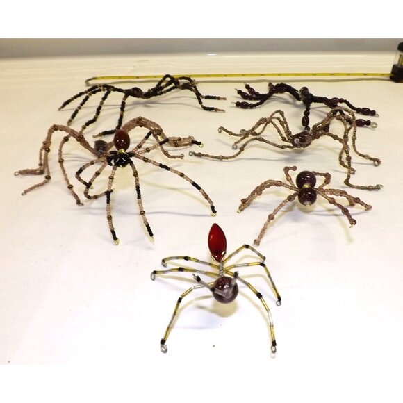 Handmade Beaded Spider Ornaments Set 7 Decor Figurines Beads Stones Ooak Bag7B - Picture 2 of 16